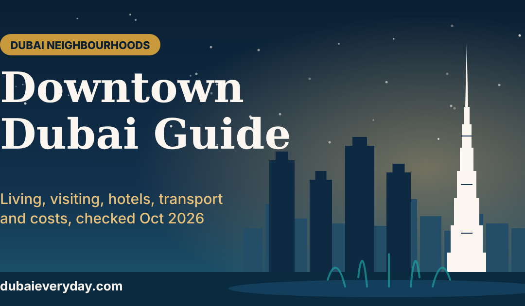 Downtown Dubai guide featured image with a Burj Khalifa skyline silhouette and the title Downtown Dubai Area Guide
