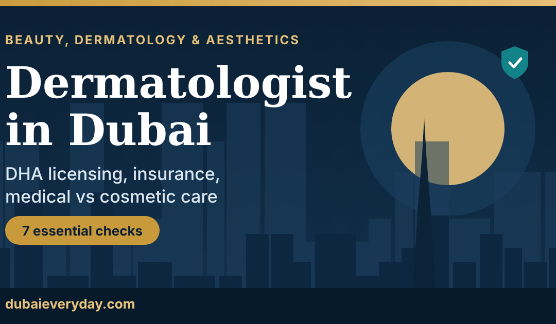 Dermatologist in Dubai guide cover with skyline silhouette, sun disc and a shield check icon on navy