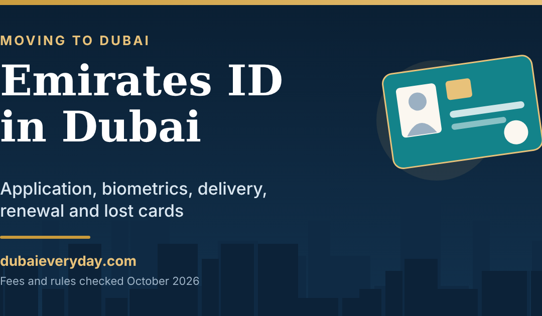 Emirates ID Dubai guide title card with a stylised identity card over a Dubai skyline silhouette