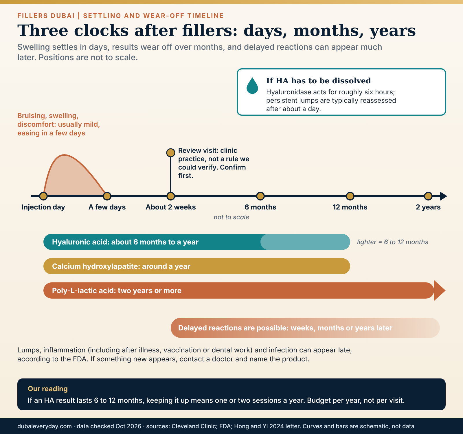 Timeline of dermal filler recovery and wear-off from injection day to months, with hyaluronidase and delayed-reaction windows