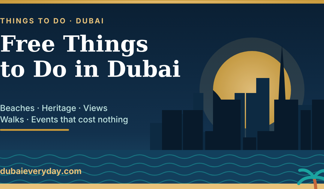 Free things to do Dubai featured image: sunset over a stylised Dubai skyline with waves and a palm