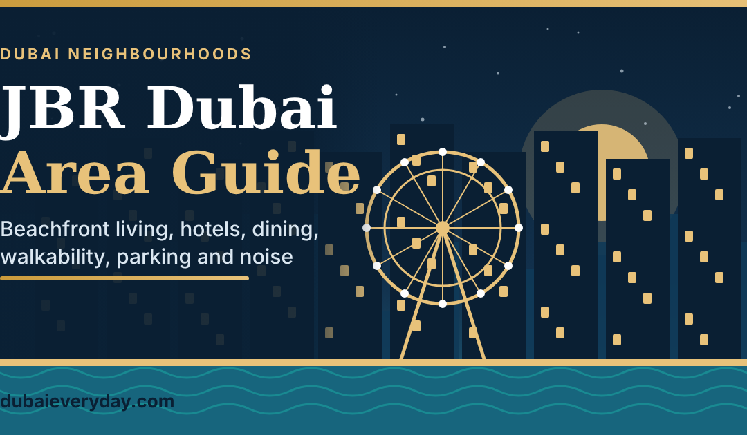 JBR Dubai guide featured image with beachfront skyline silhouette and title card