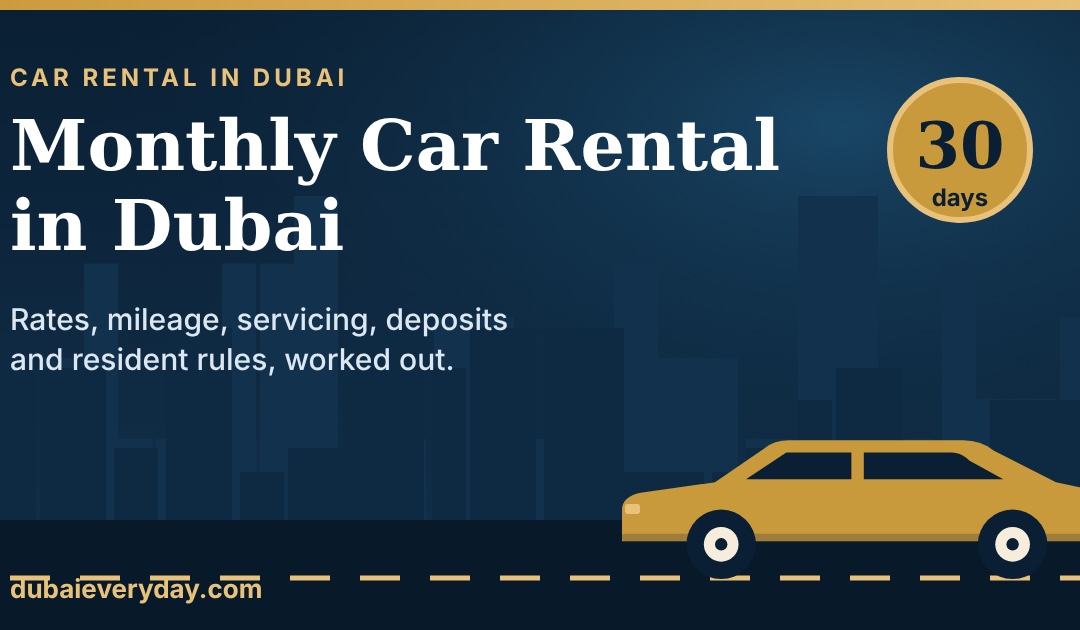 Monthly car rental in Dubai guide cover with a gold sedan on a night road and a 30-day badge