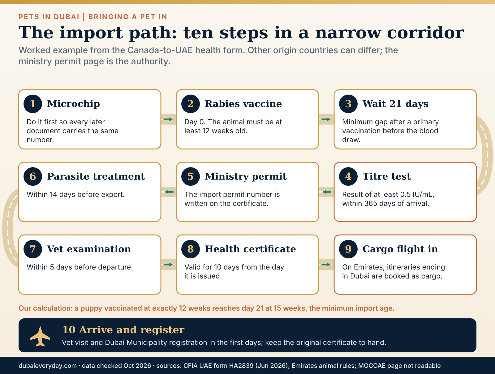 Ten-step timeline for importing a dog or cat into Dubai, from microchip and rabies vaccine to cargo flight