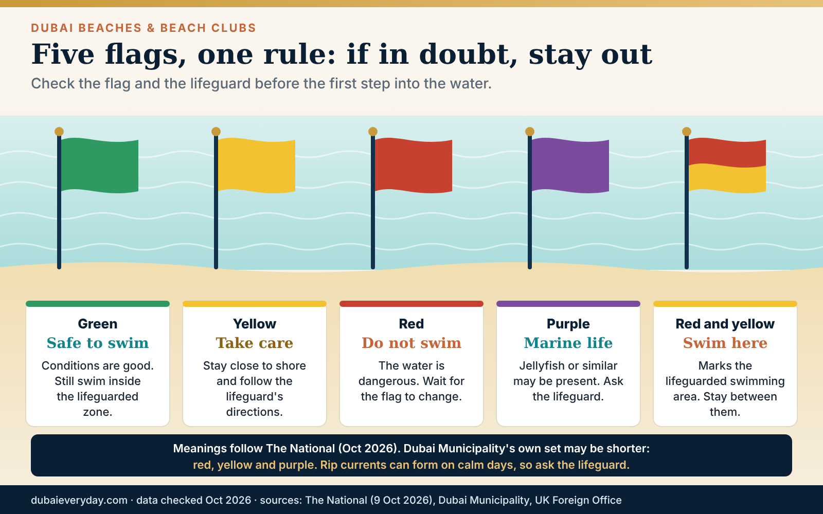 Five beach flags explained: green, yellow, red, purple and red-and-yellow, with what each means for swimmers in Dubai